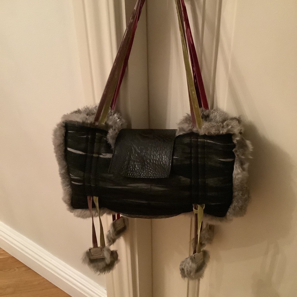 real Rabbit Fur ,Black Mush Fabric Reversible bag Buckle Ostrich Leather  13x8x3